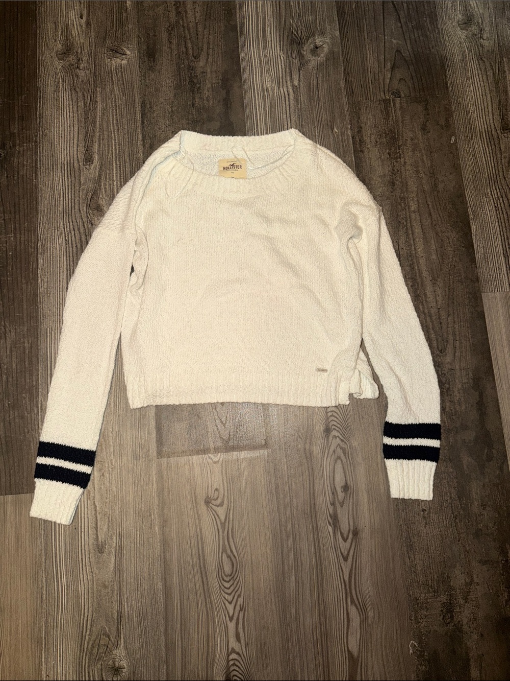 Hollister Ivory Crewneck Sweater with Navy Cuff Stripes